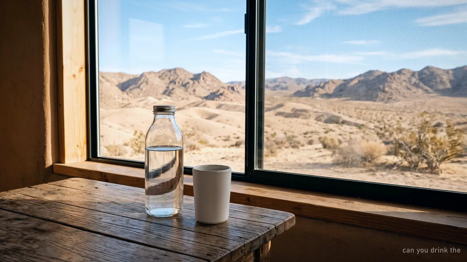 A glass water bottle and a plain tumbler on a table beside a window