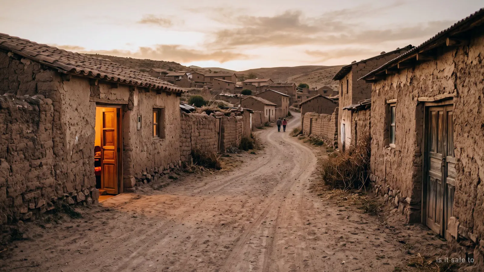 A quiet unpaved street of low adobe buildings in the early evening
